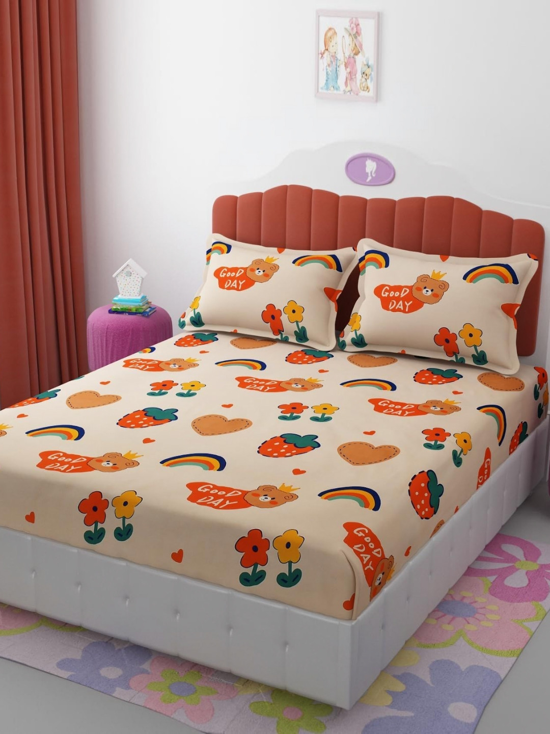 Banchmark Home Furnishings Peach Conversational Cotton 300 TC Fitted King Fine Bedsheet with 2 Pillow Covers-183 x 198 cm