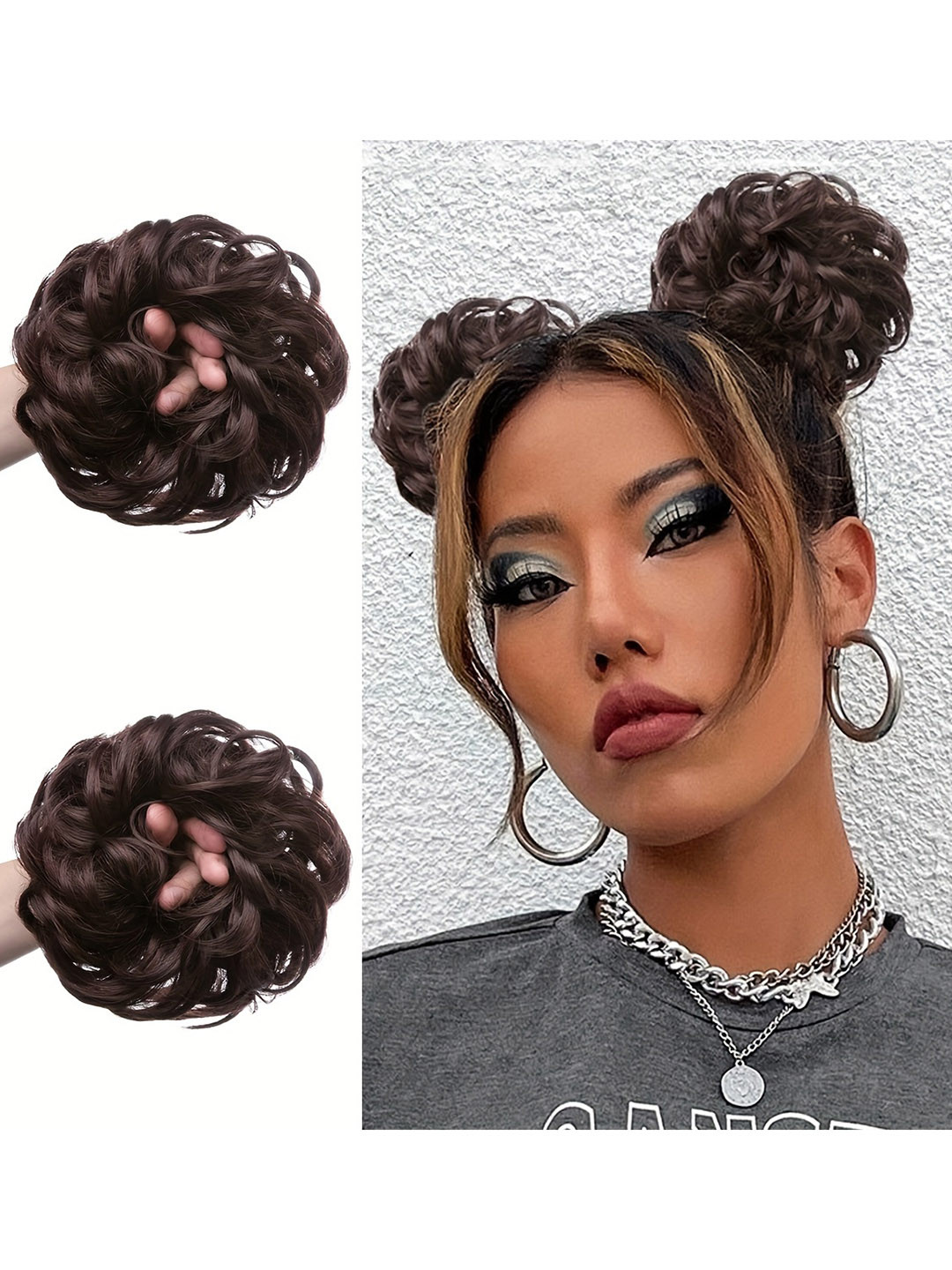 CHRONEX 2 Pcs Wavy Short Curly Messy Bun-Natural Brown