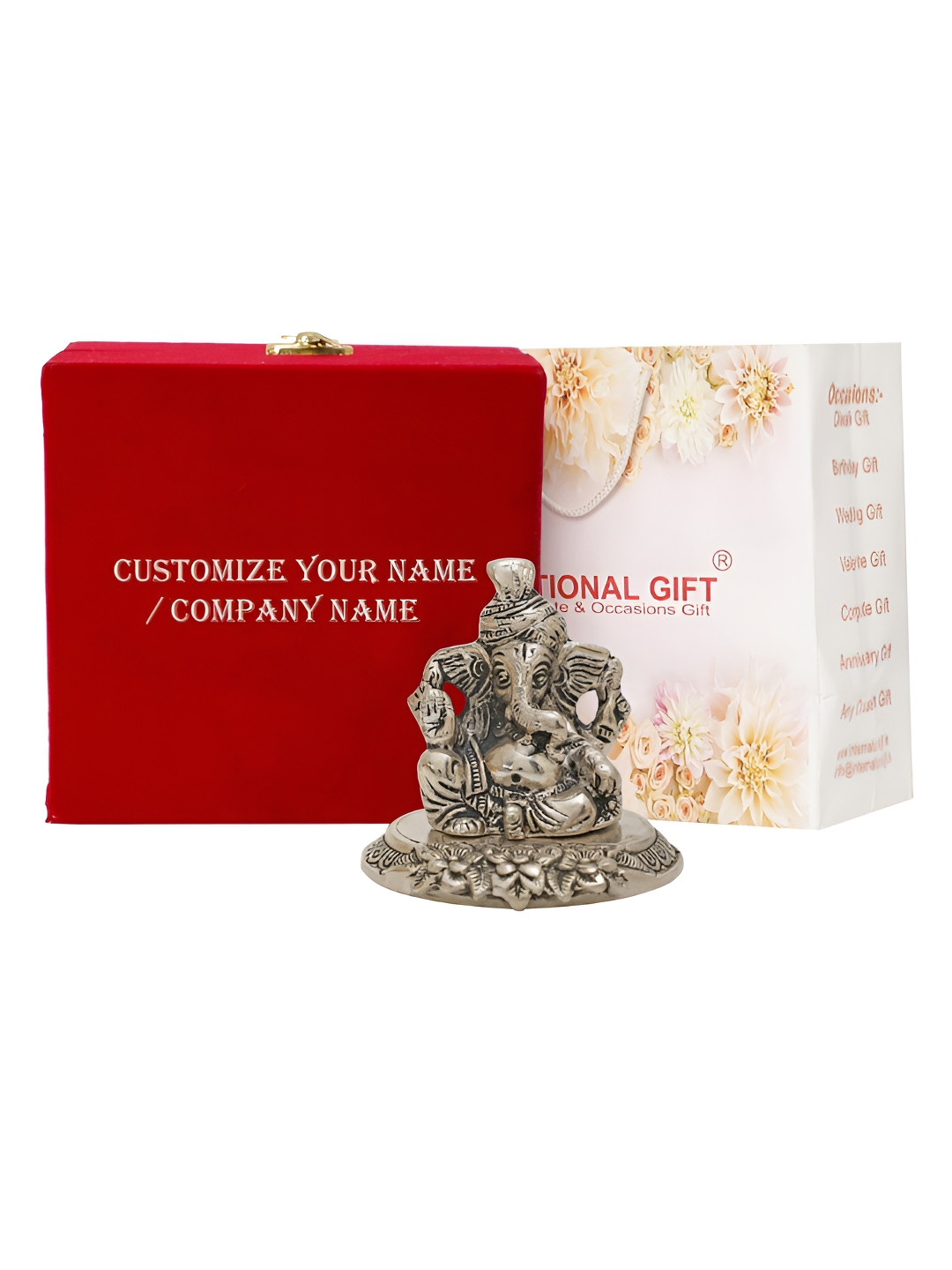 INTERNATIONAL GIFT Silver-Toned Pagdi Ganesh Idol With Tag & Velvet Box