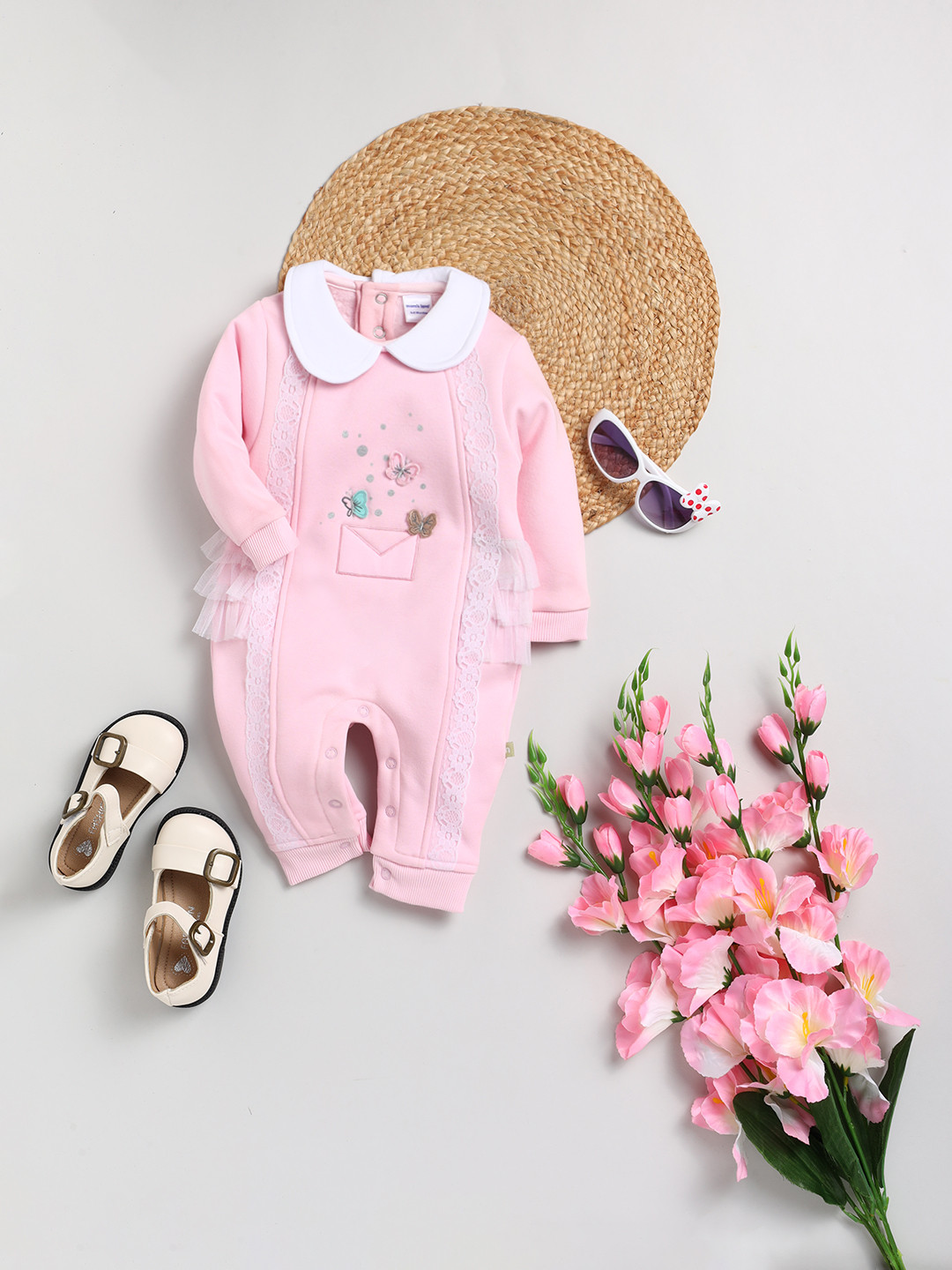 Moms Love Infants Girls Cotton Embroidered Rompers with Lace Detail