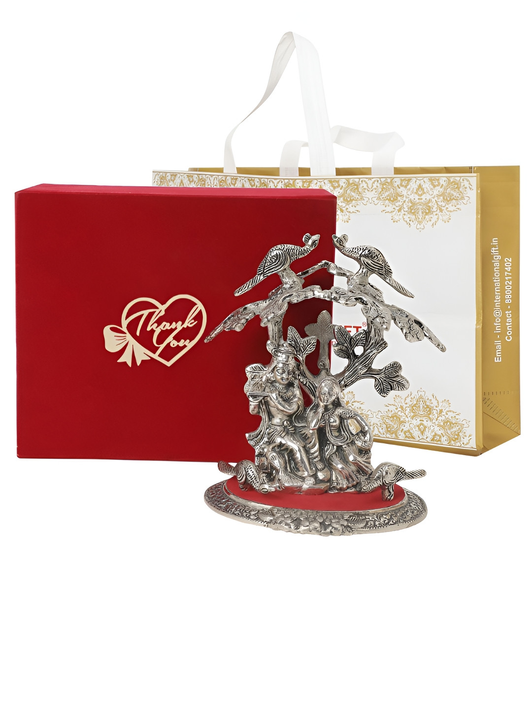INTERNATIONAL GIFT Radha Krishna Tree God with Box, Carry Bag & Thank You Tag Silver Metal Metallic Prayer Room Medium Showpiece - 7.9 Inches