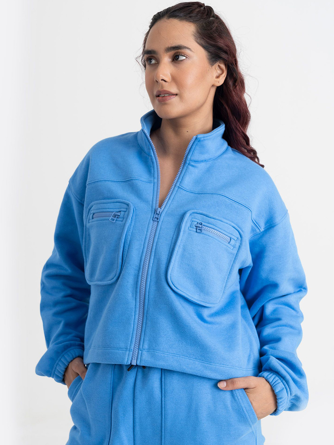 Hunnit Women Summer Cotton Supreme Crop Workout Jackets with 2 Patch Pockets