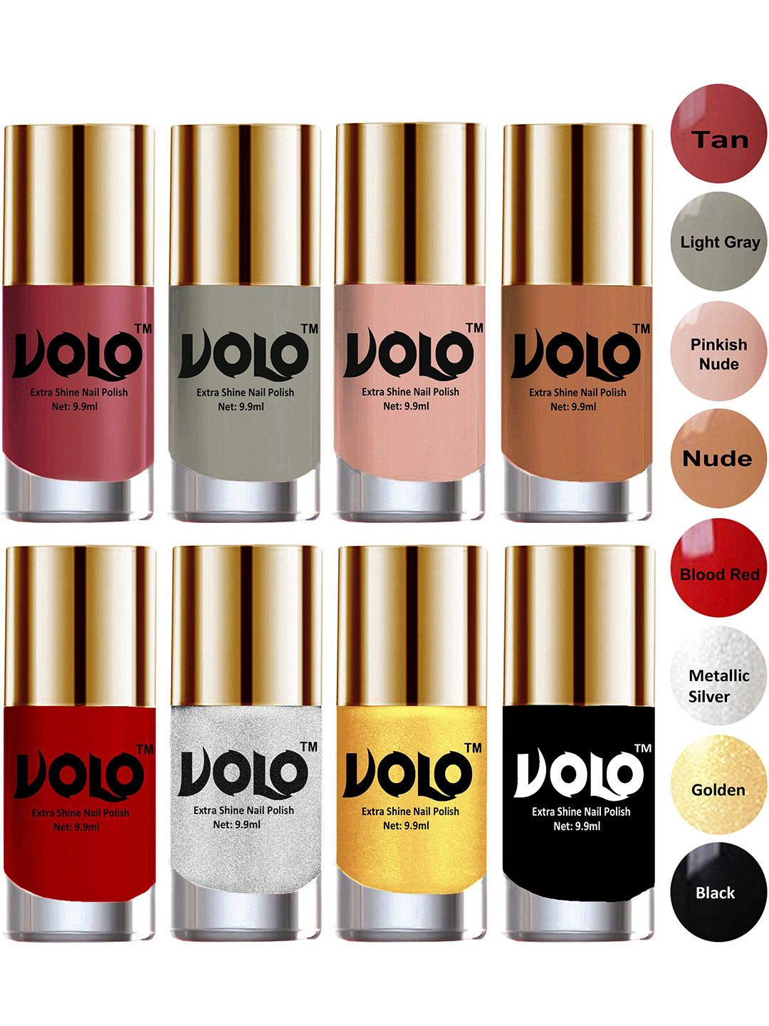VOLO Set Of 8 Extra Shine Lasting Nail Polish- 9.9ml Each- Combo No-29