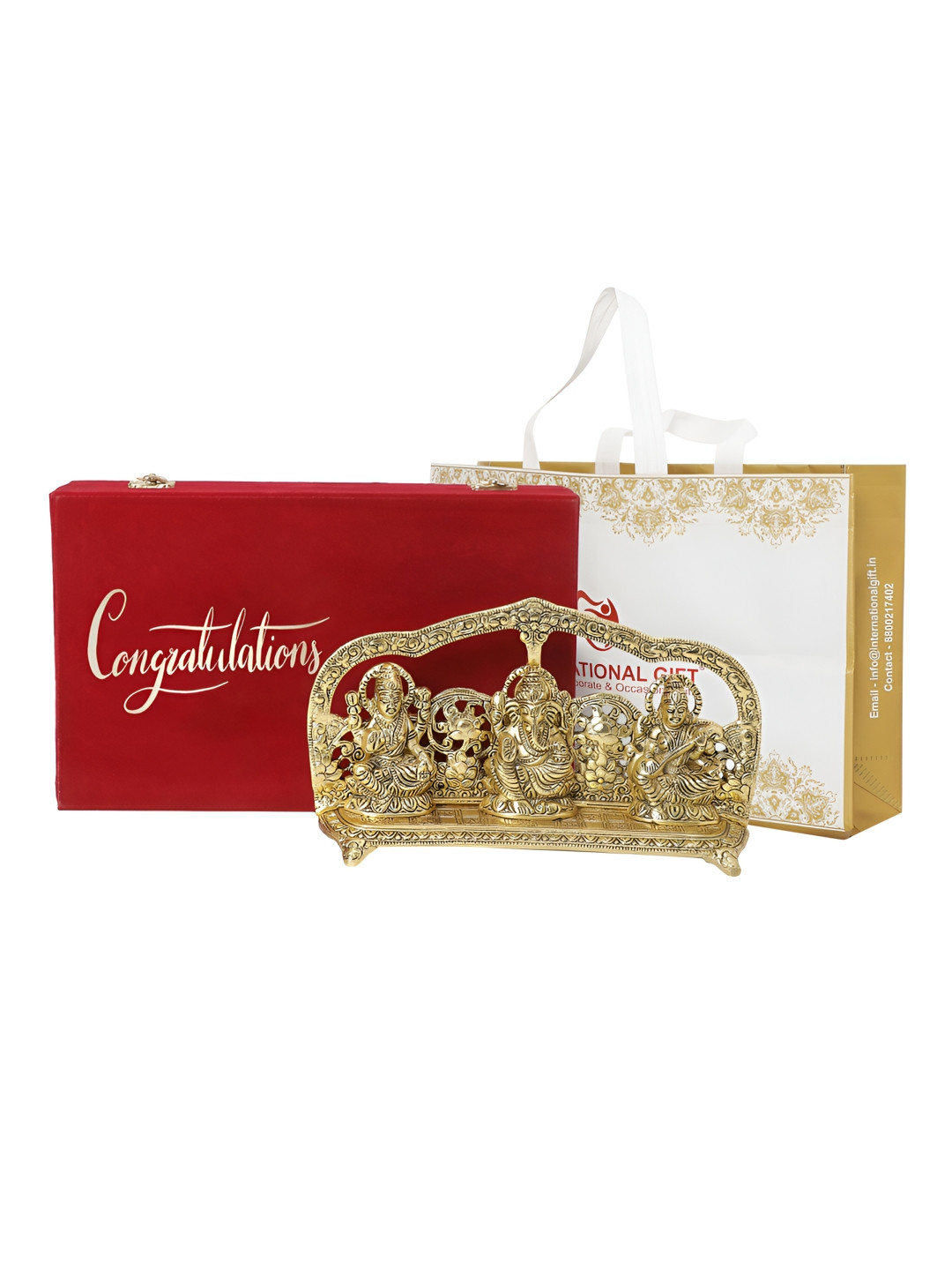 INTERNATIONAL GIFT Gold-Toned Lakshmi Ganesh Saraswati Idol With Velvet Box