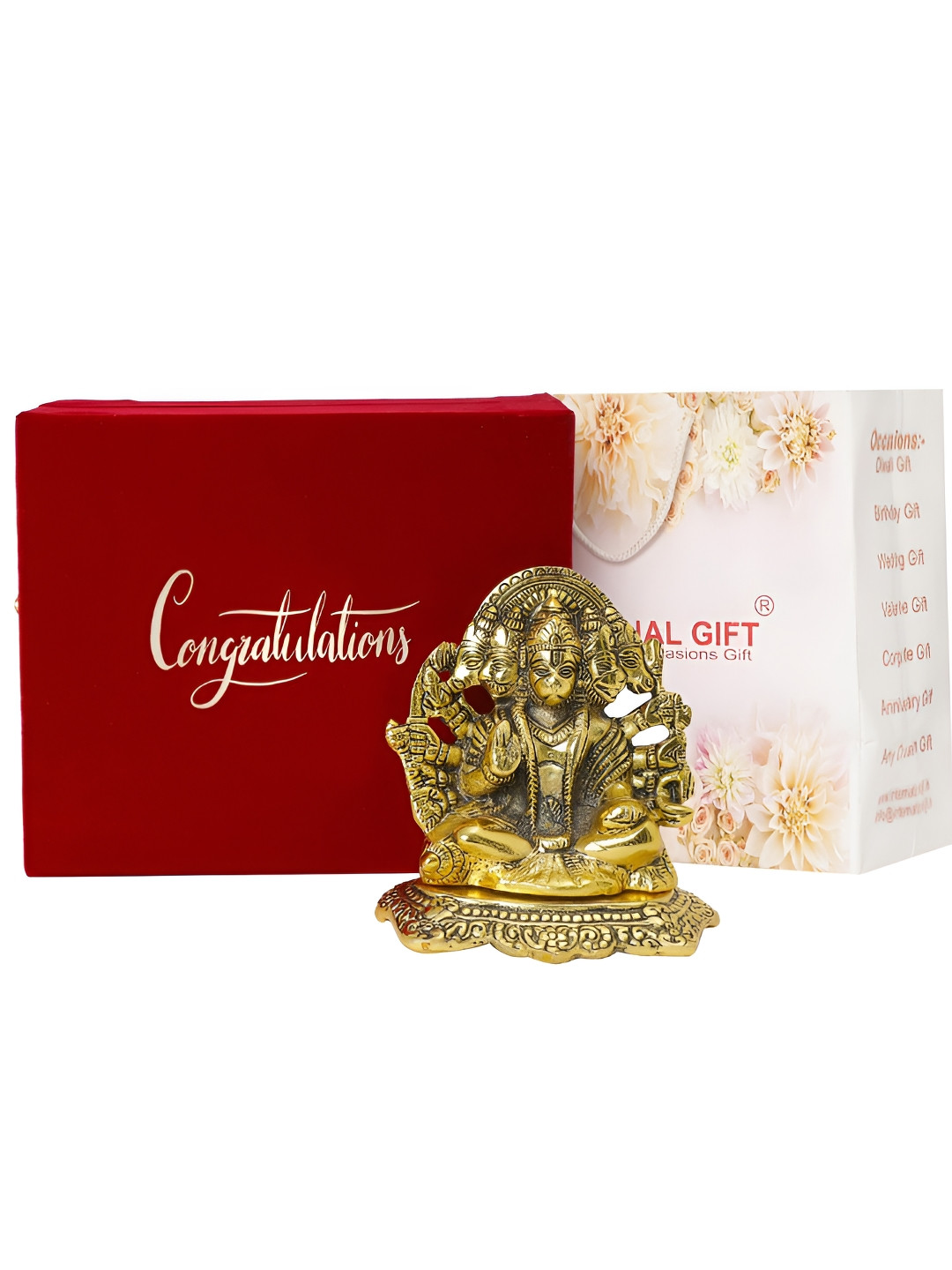 INTERNATIONAL GIFT Panchmukhi Hanuman with Box, Carry Bag and Congratulation Tag Gold Metal Metallic Prayer Room Medium Showpiece - 6.3 Inches