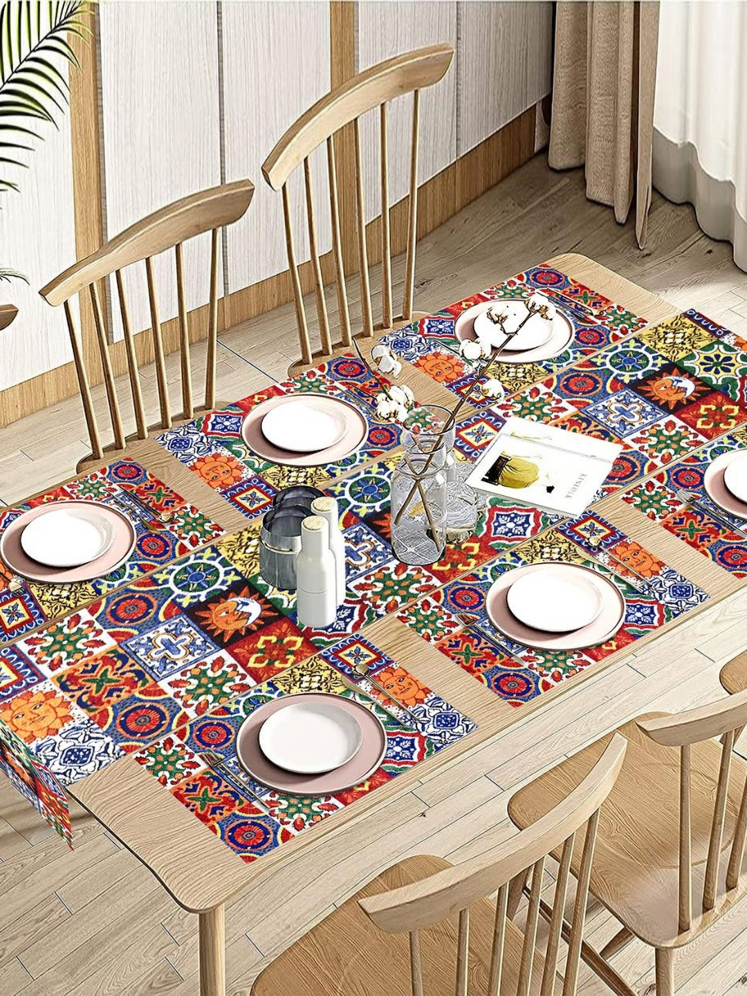 PRAKARTIK Set of 7 Blue & Orange Floral Pure Cotton Dining Table Mats With Runner