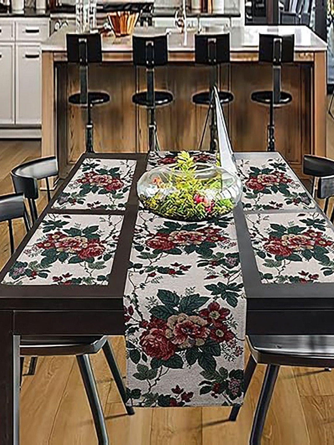 PRAKARTIK Set of 5 White & Red Floral Printed Cotton Dining Table Mats With Runner