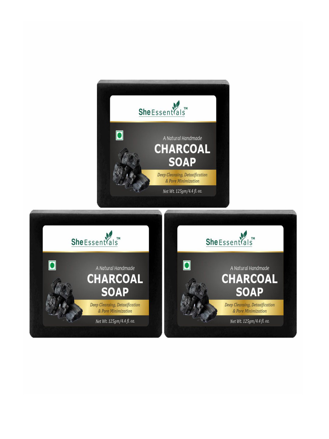 She Essentials Set Of 3 Natural Charcoal Soap - 125 g Each
