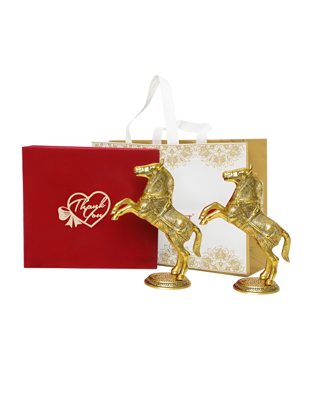 INTERNATIONAL GIFT Horse Gold Metal Metallic Prayer Room Set of 2 Medium Showpieces - 10.2 Inches