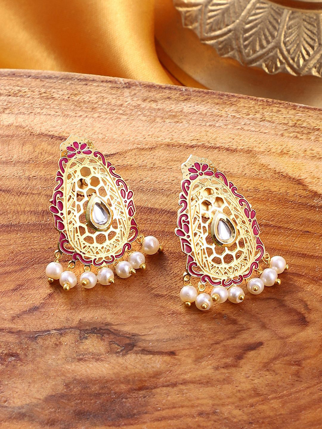 SOHI The Zayna Gold-Plated Stones Studded & Beaded Drop Earrings
