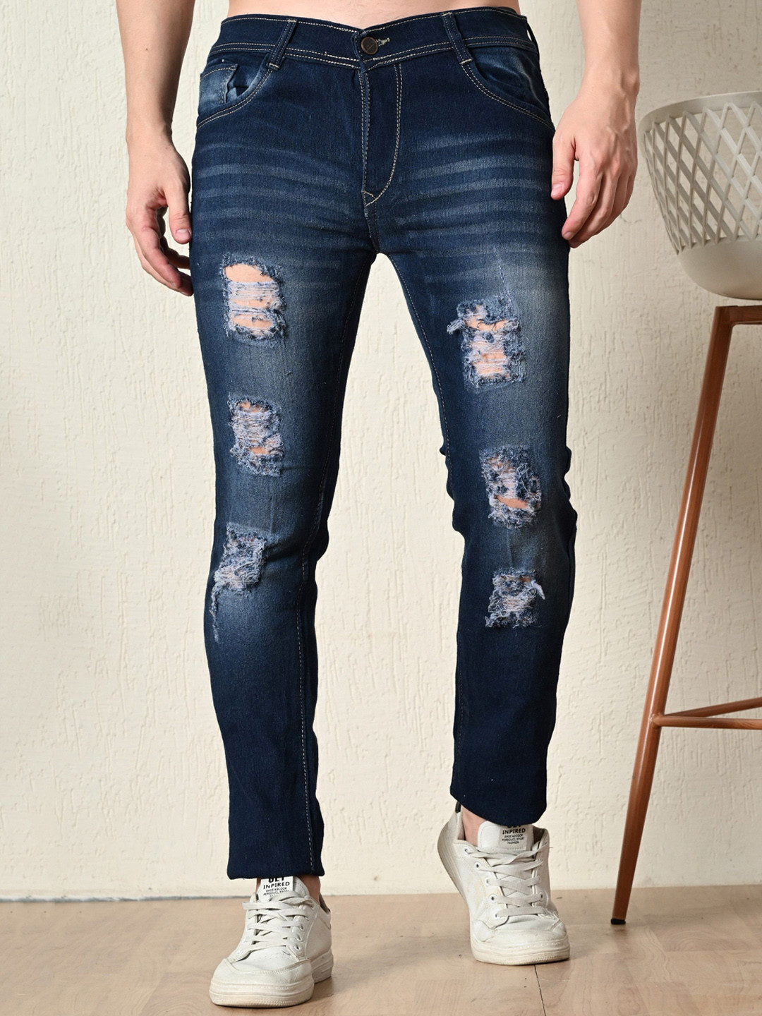 COMFITS Men Slim Fit Highly Distressed Dark Shade Jeans