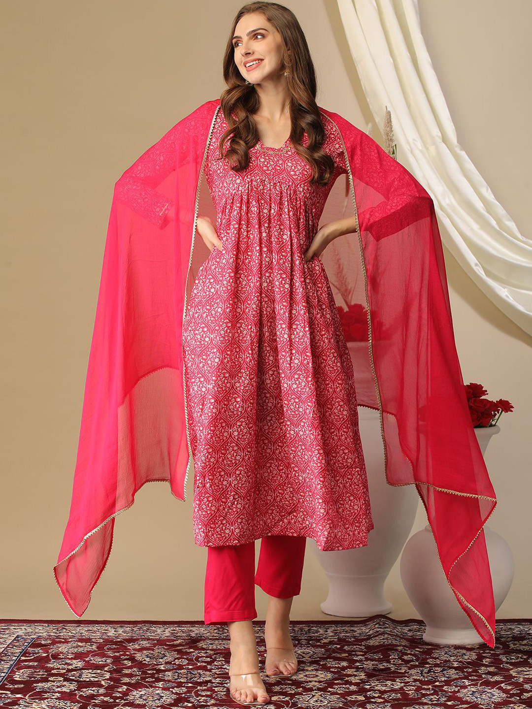 GoSriKi Ethnic Motifs Printed Empire Anarkai Kurta with Trousers & Dupatta