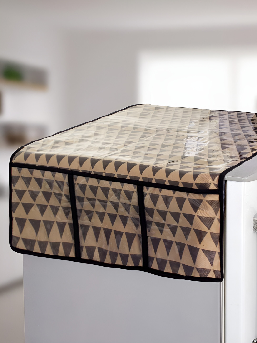prettykrafts Brown & Black Printed Refrigerator Top Cover With 6 Utility Cover