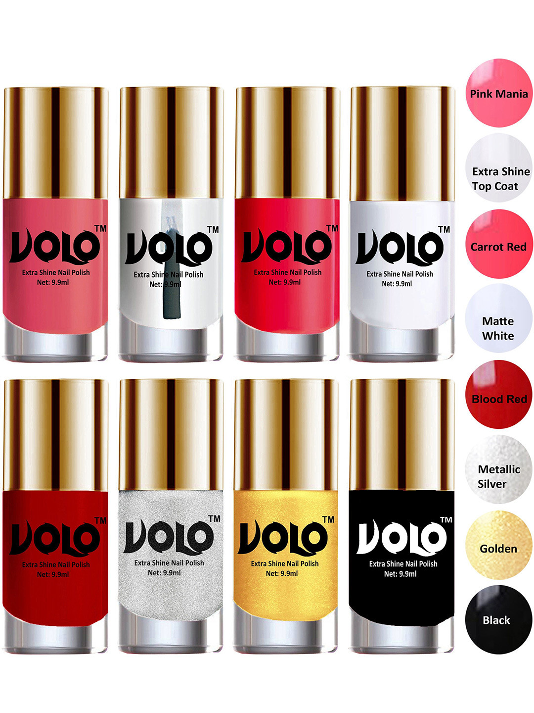 VOLO Set Of 8 Luxury Super Shine Nail Polish - 9.9 ml Each - Combo-No-38