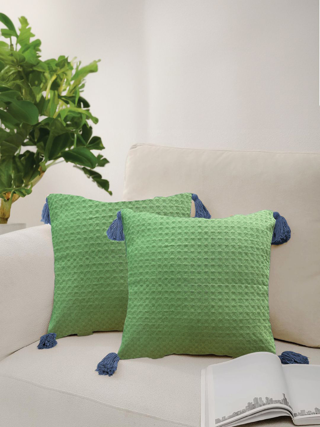 URBAN SPACE Waffle Sage Geometric Cotton 2 Pcs Textured Square Cushion Covers - 18 x 18 In