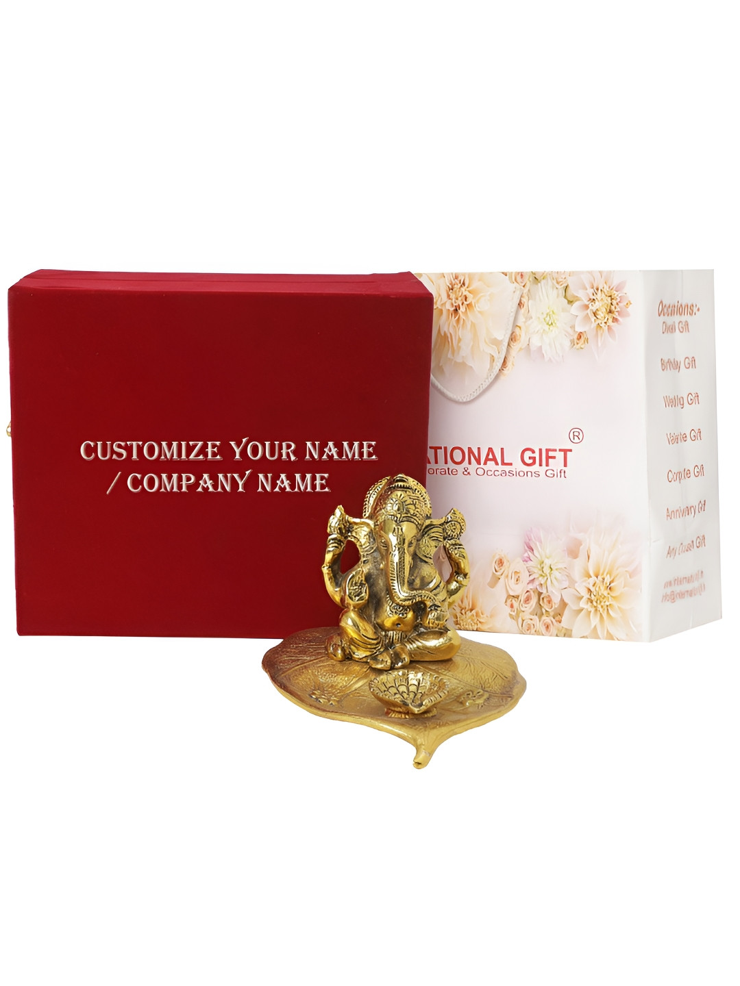 INTERNATIONAL GIFT Patta Ganesh with Box, Carry Bag and Customizable Tag Gold Metal Metallic Prayer Room Medium Showpiece - 3.9 Inches