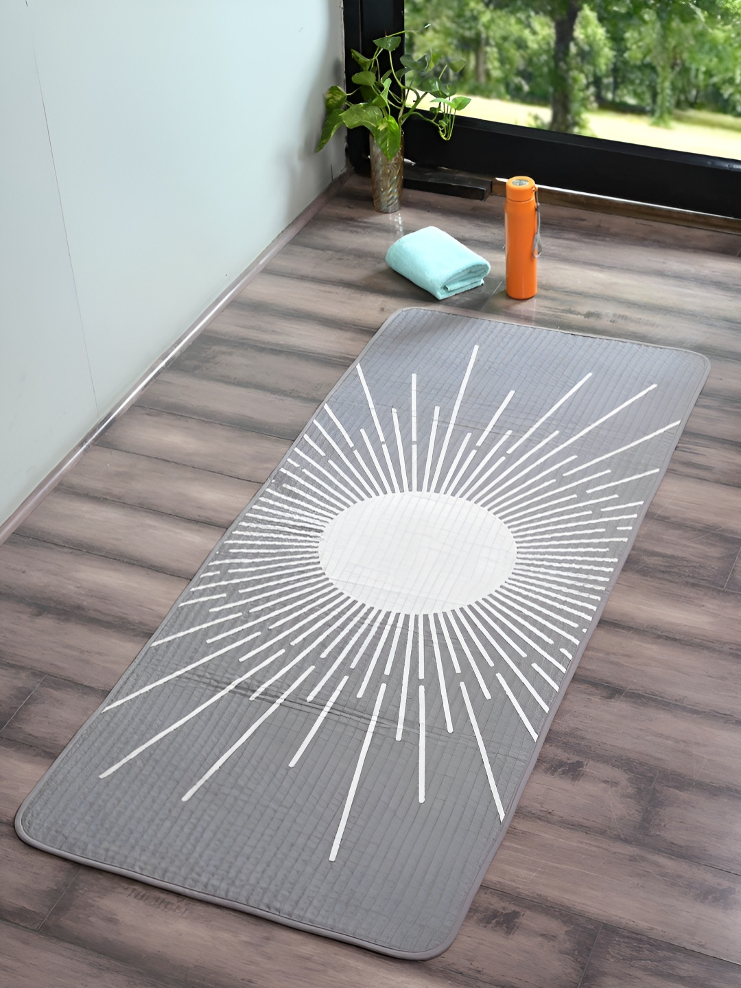Saral Home Grey & White Sun Printed Anti Skid Microfiber Yoga Mat With Bag
