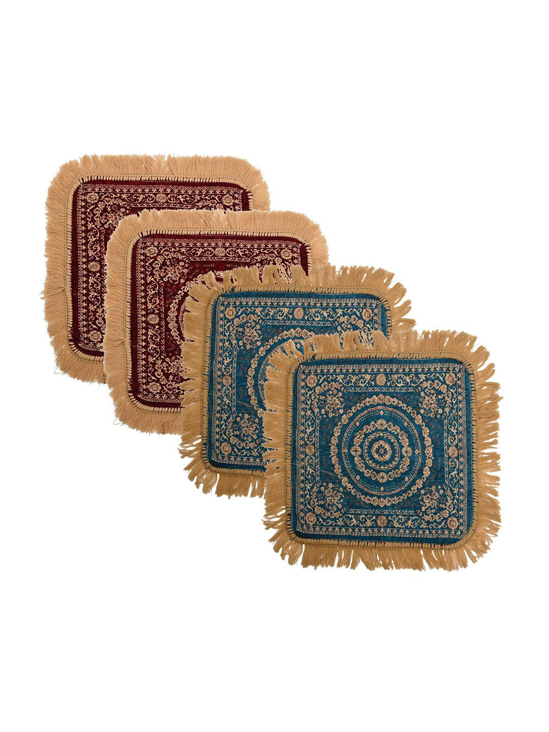 Kuber Industries Maroon & Blue 4 Pieces Floral Printed Velvet Pooja Mats