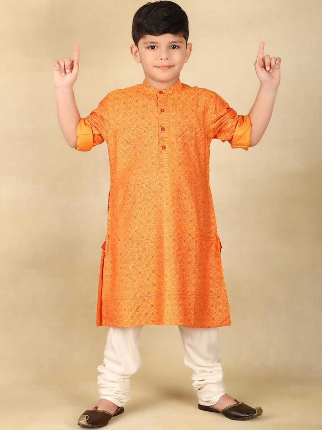 Fabindia Boys Ethnic Motifs Block Printed Band Collar Roll-Up Sleeves Straight Kurta