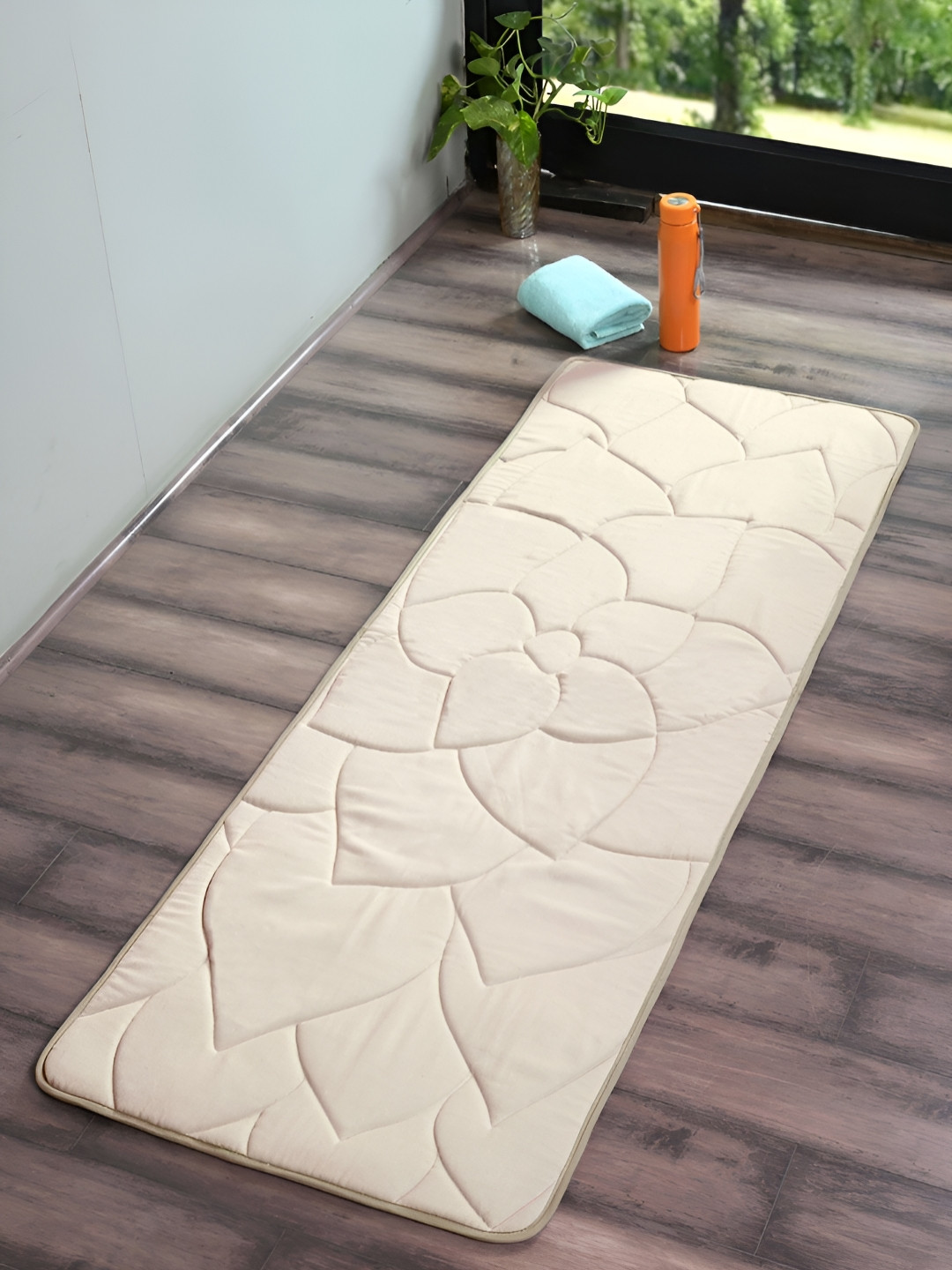 Saral Home Cream-Coloured Floral Textured Rectangular Anti-skid Cotton Indoor Yoga Mat