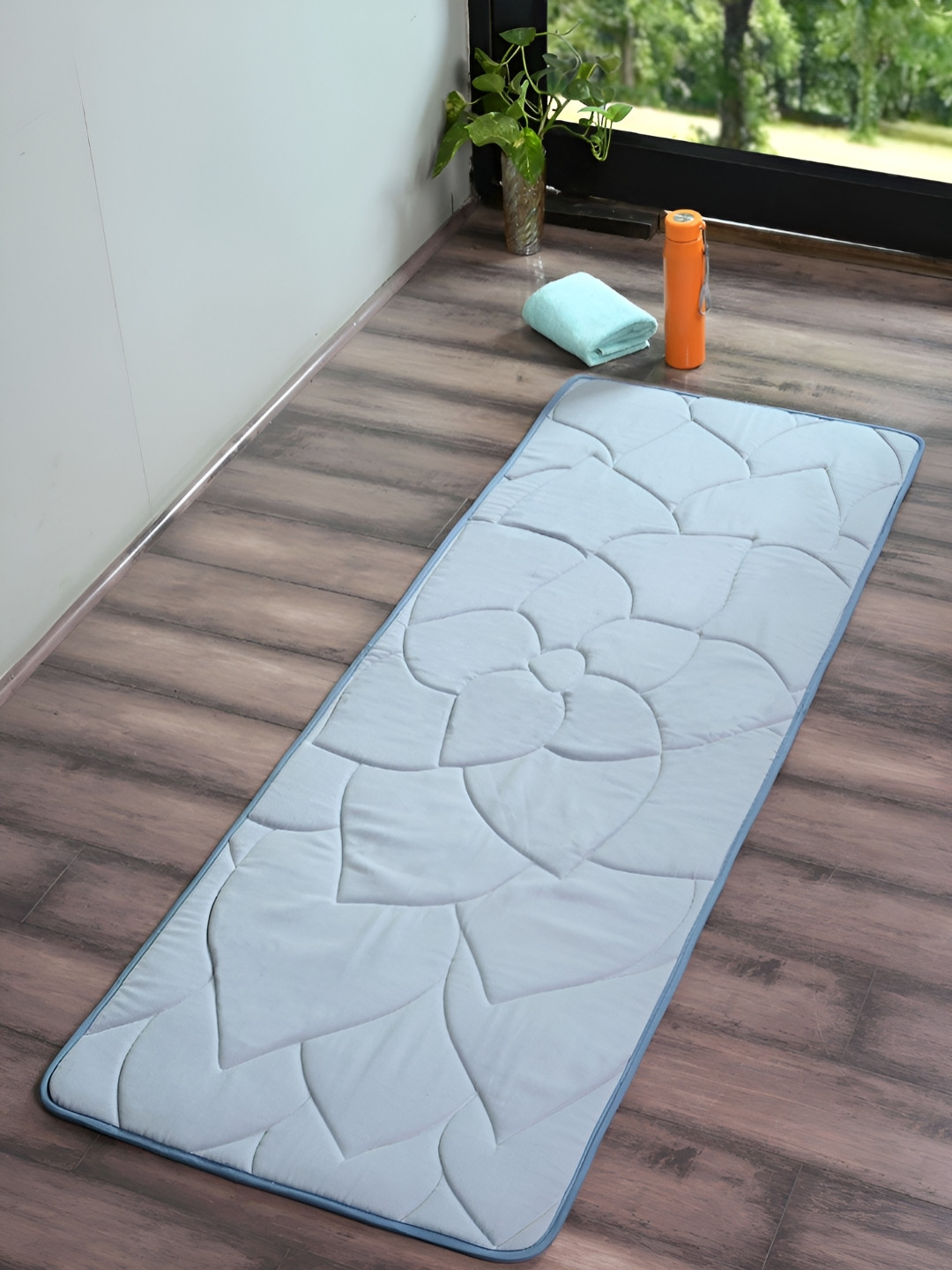 Saral Home Blue Floral Textured Cotton Anti Skid Indoor Yoga Mat