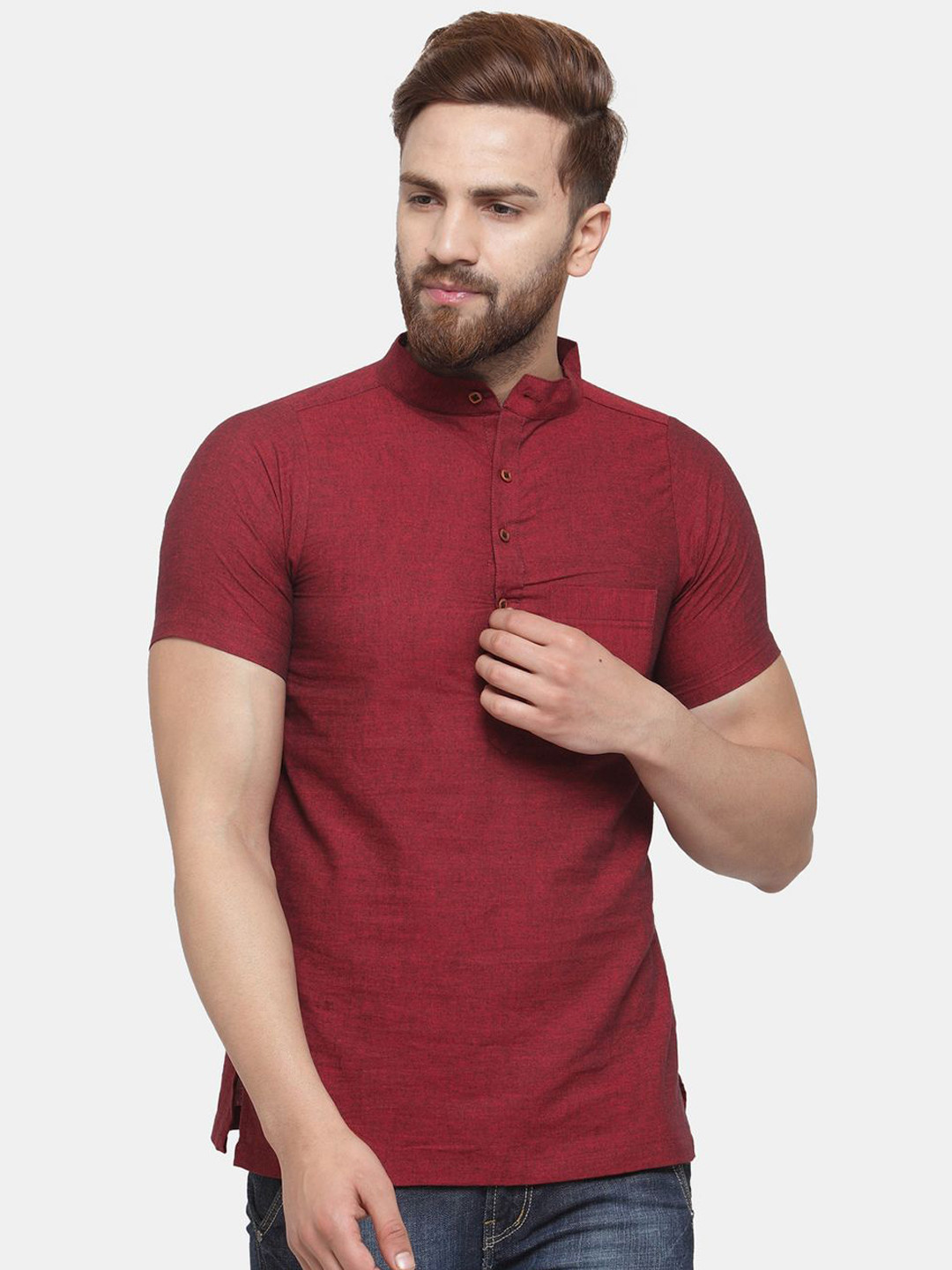 Enchanted Drapes Band Collar Neck Short Sleeves Pure Cotton Straight Kurta