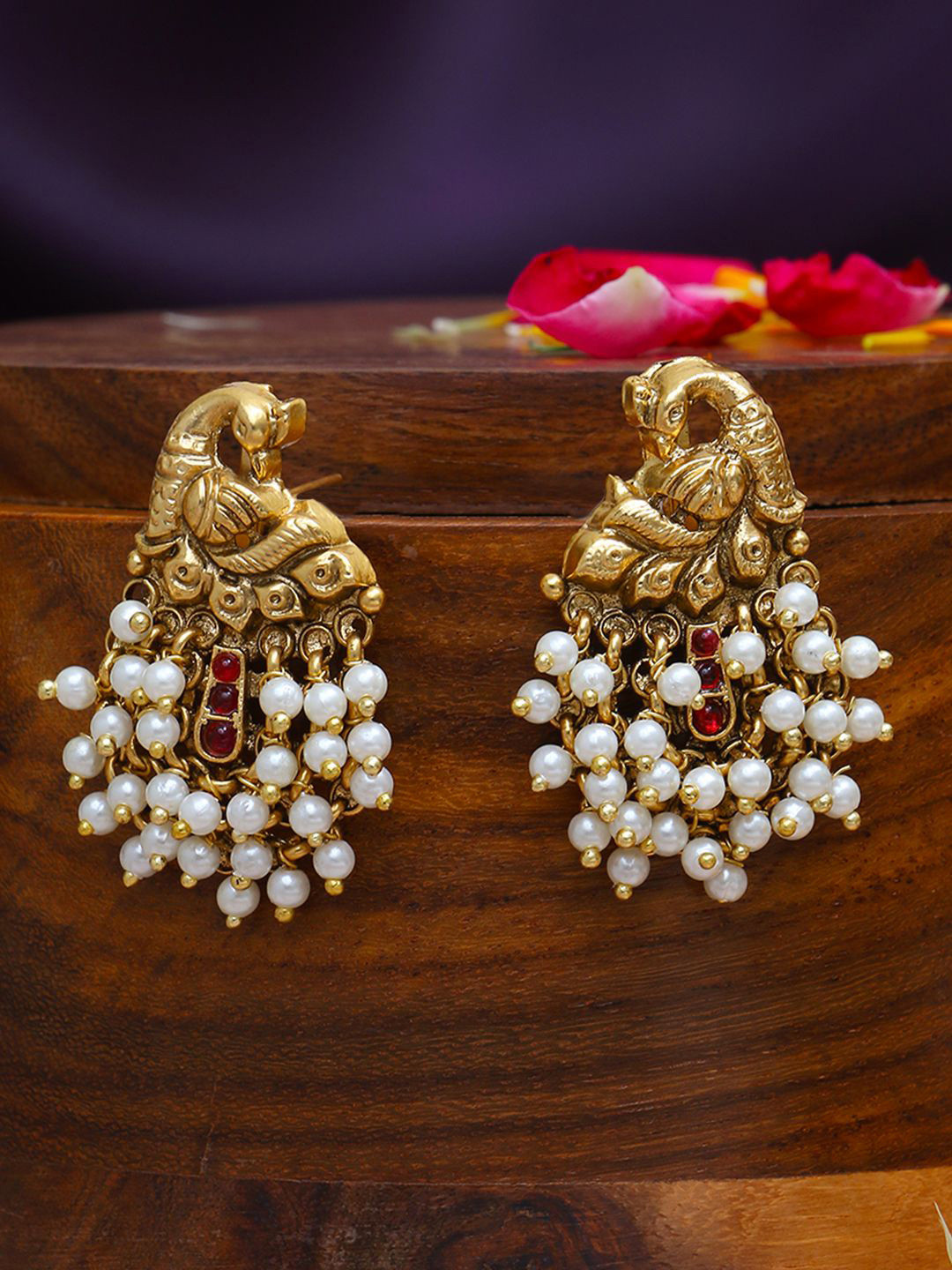 Anouk Gold-Plated Peacock Shaped Copper Pearl Beaded Drop Earrings