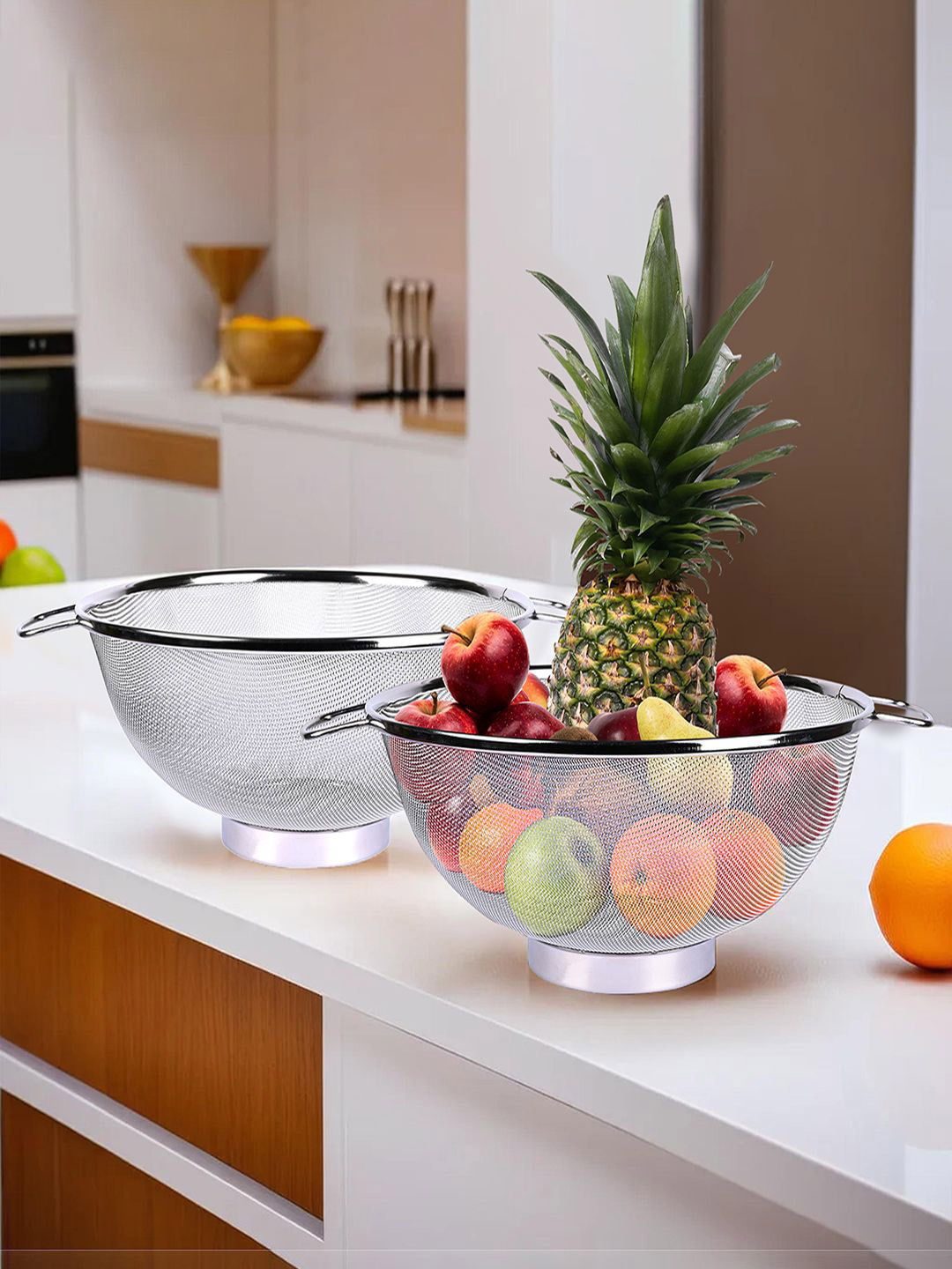 Kuber Industries Silver Toned 2 Pieces Stainless Steel Fruit And Vegetable Baskets