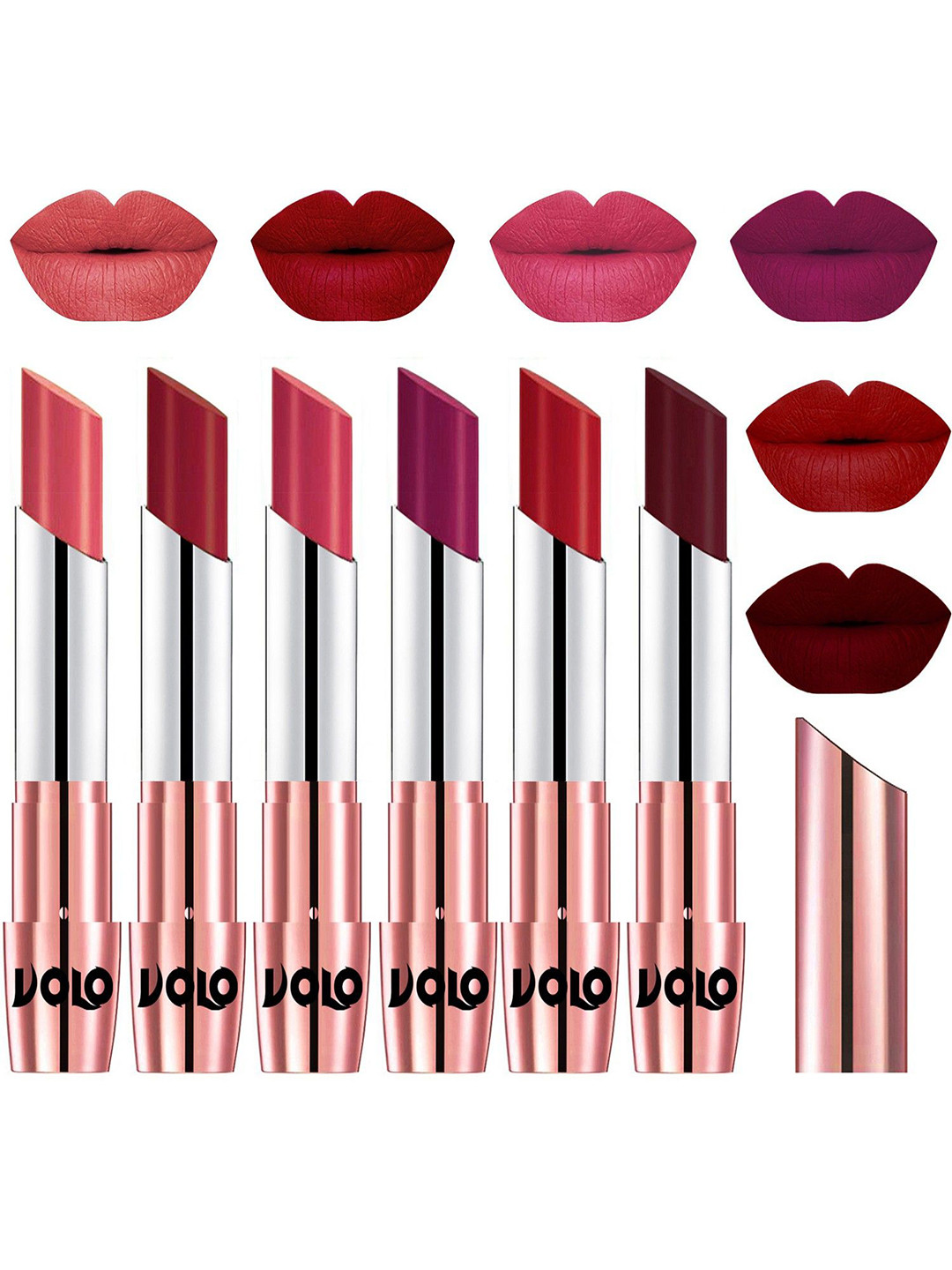 VOLO 6 Pcs Creme Matte Lipstick -3.5g Each - Dark Peach-Red-Pink-Magenta-Tomato Red-Maroon