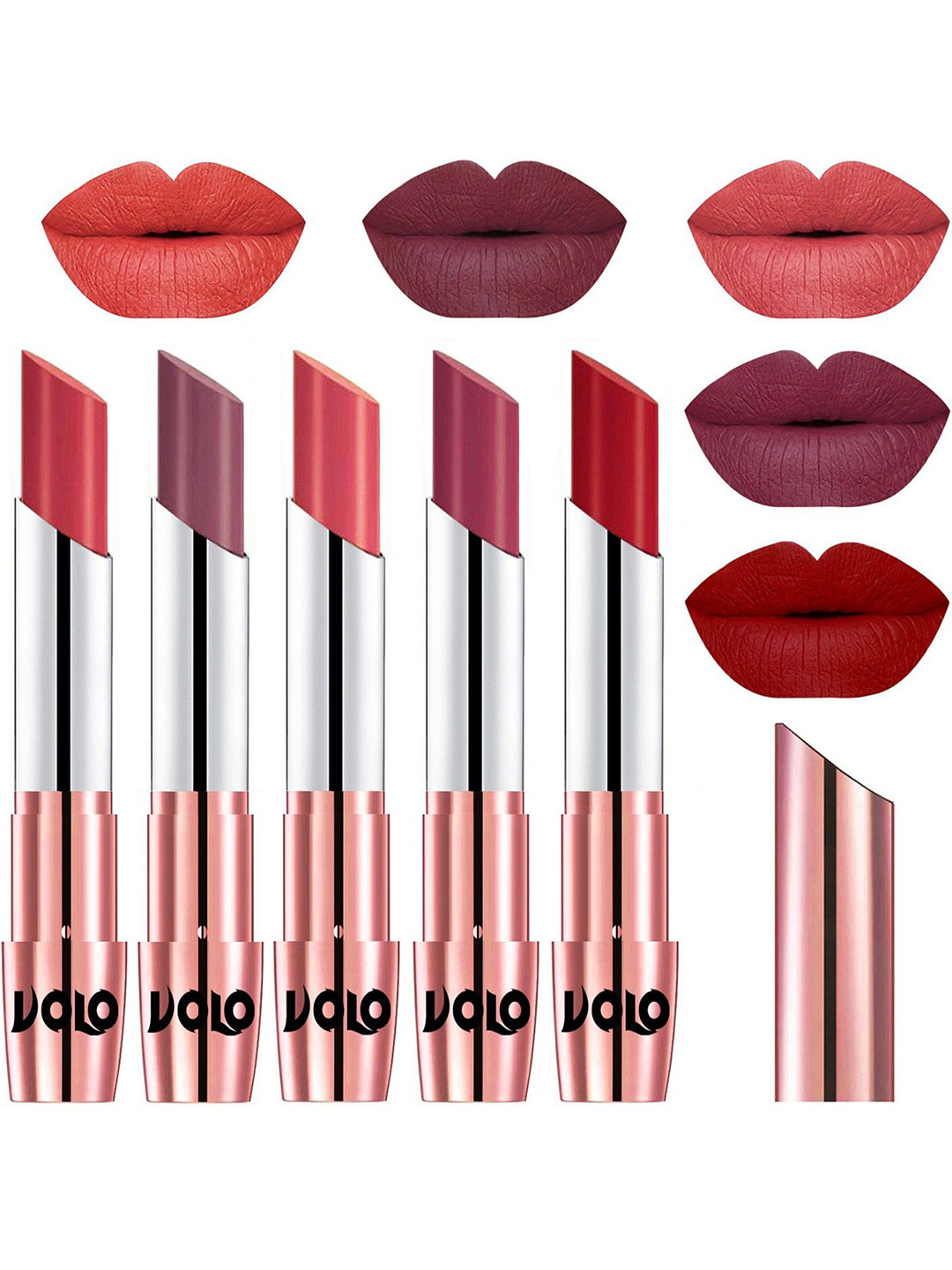 VOLO Set Of 5 Creme Matte Lipstick-3.5g Each-Peach- Plum-Dark Peach-Rose Pink-Tomato Red