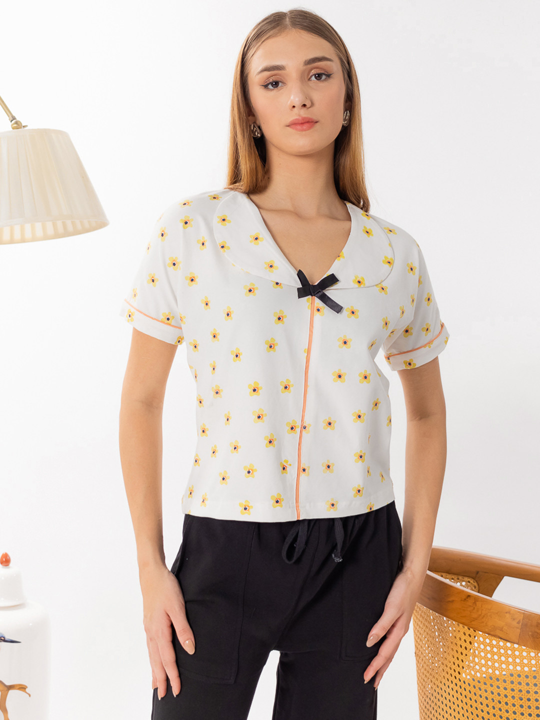 ELEVENS HEAVEN Floral Print Peter Pan Collar Lounge T-shirt