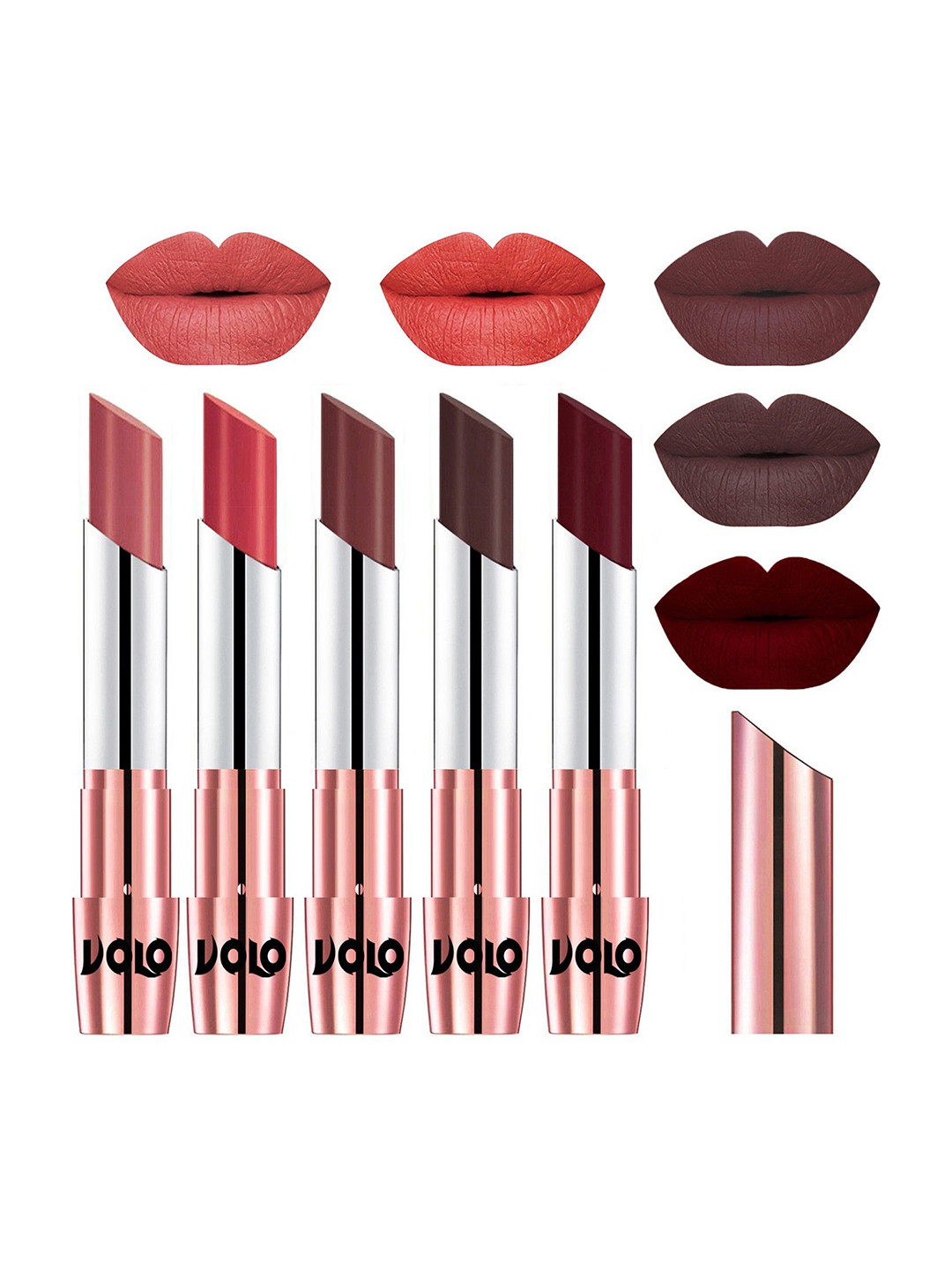 VOLO Set Of 5 Creme Matte Lipstick 3.5g Each - Light Peach-Peach-Coffee-Chocolate-Maroon