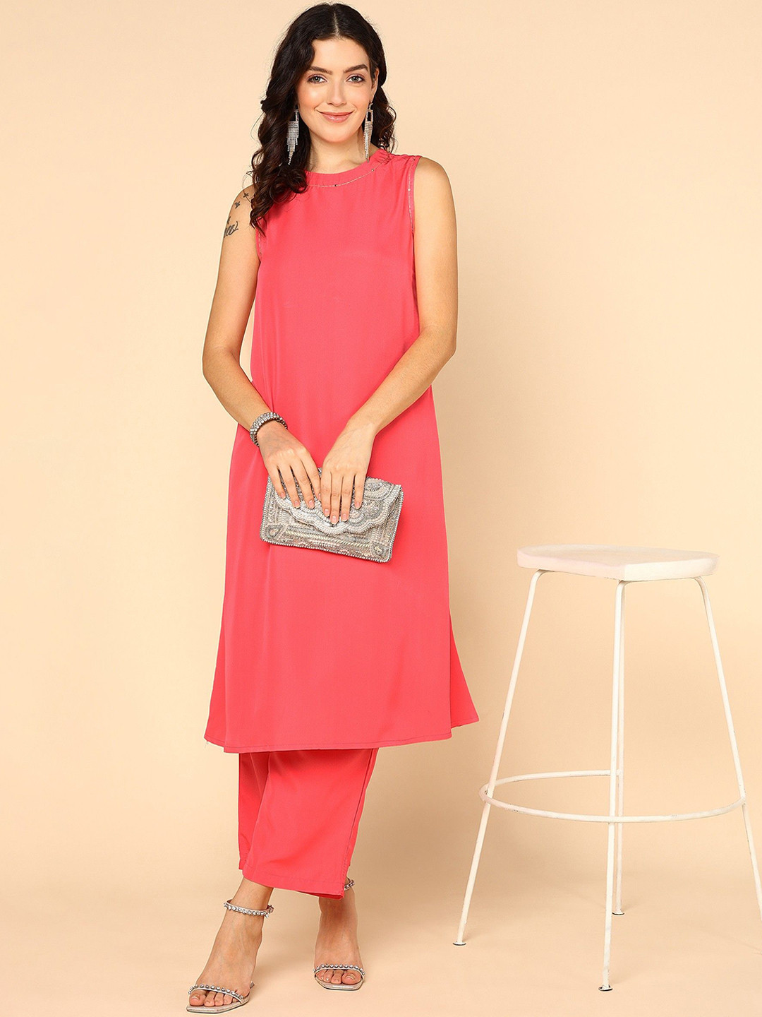 Shiv ali apparels Kantha Work Sequined Round Neck A-Line Kurta With Palazzos