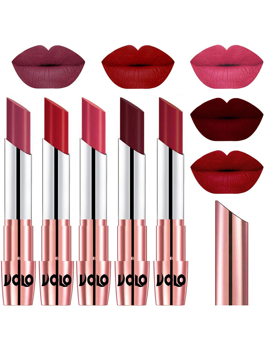 VOLO Set Of 5 Creme Matte Lipsticks - Rose Pink 38-Tomato Red 40-Pink 41-Maroon 42-Red 43