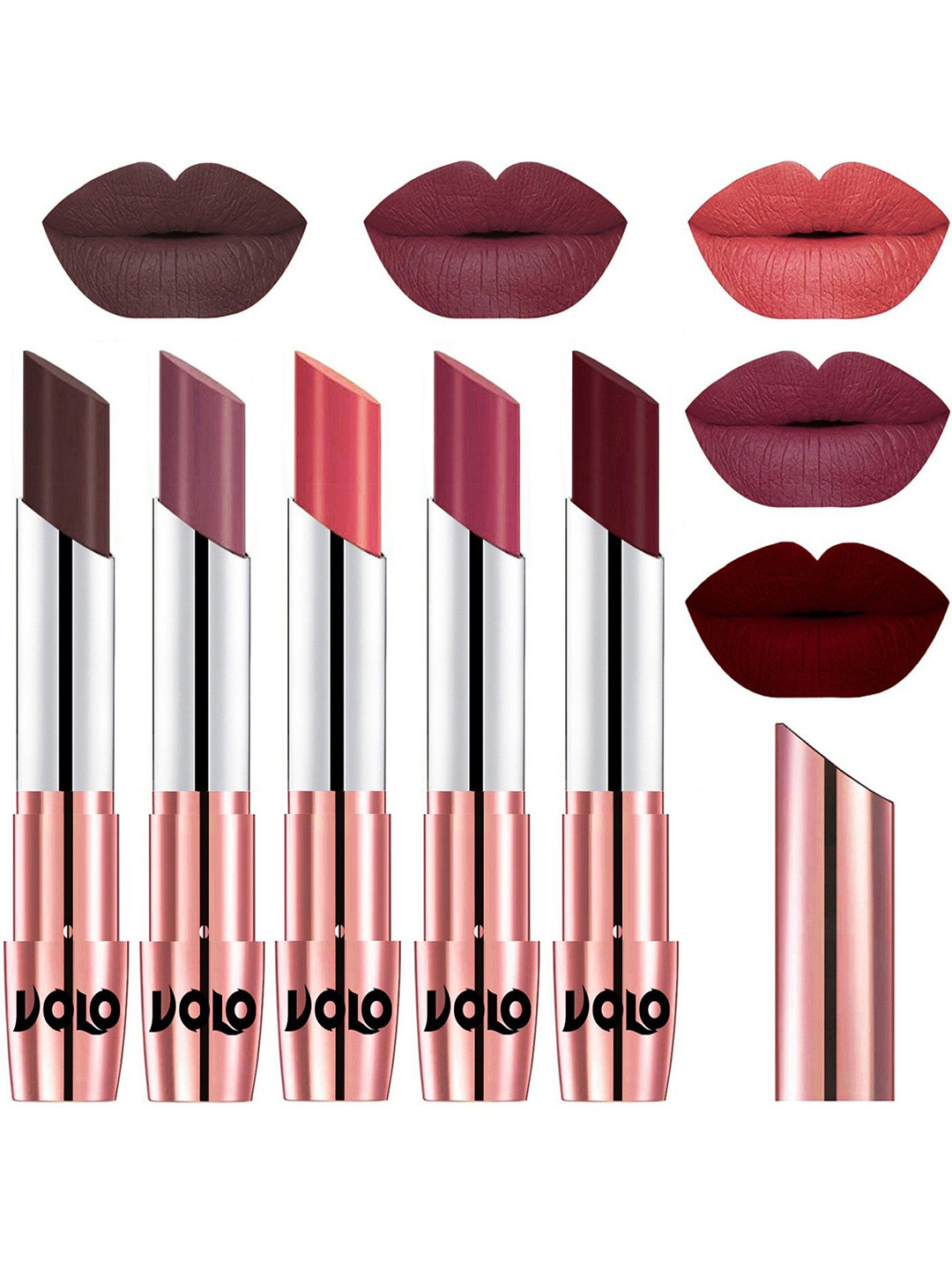 VOLO Set Of 5 Creme Matte Lipstick-Chocolate- Plum- Dark Peach- Rose Pink- Maroon