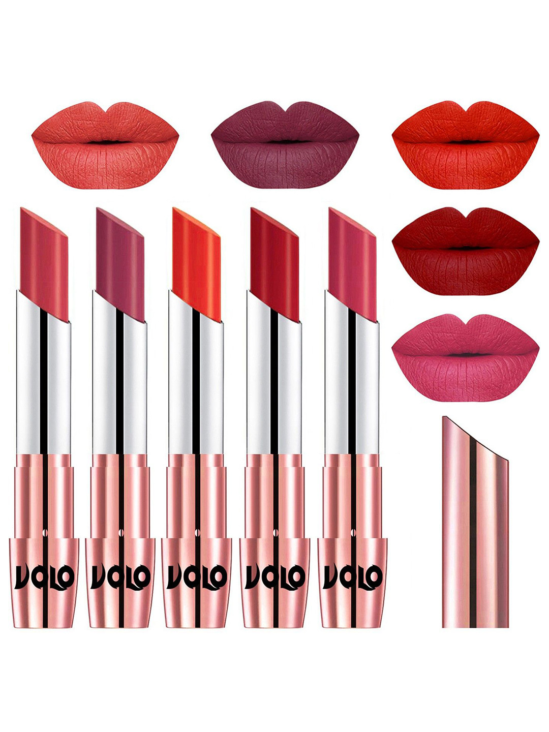 VOLO Set Of 5 Creme Matte Lipsticks - Peach 33-Rose Pink 38-Coral 39-Tomato Red 40-Pink 41