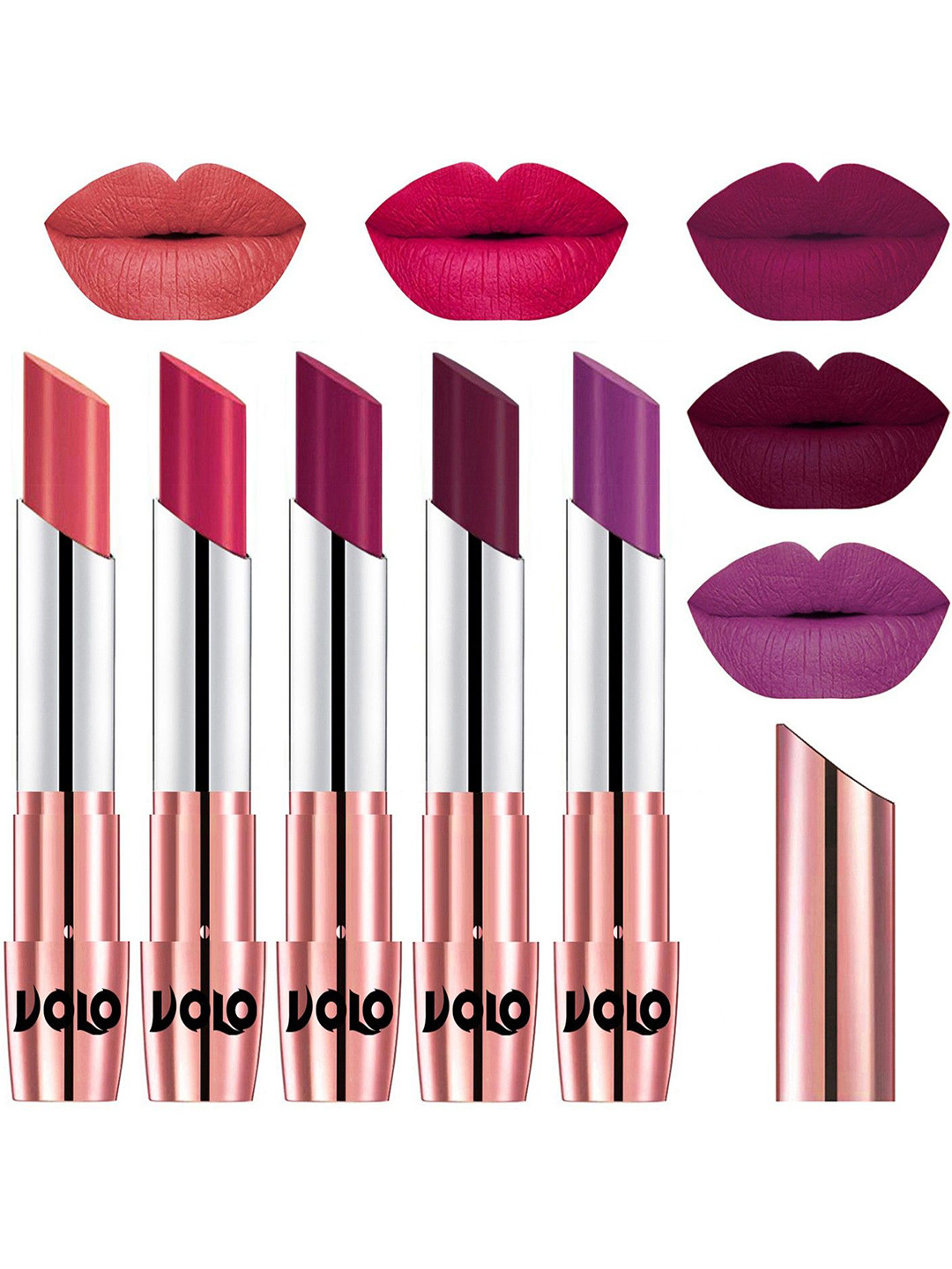 VOLO Set Of 5 Creme Matte Lipstick-3.5g Each-Dark Peach- Passion Pink-Magenta-Wine-Purple