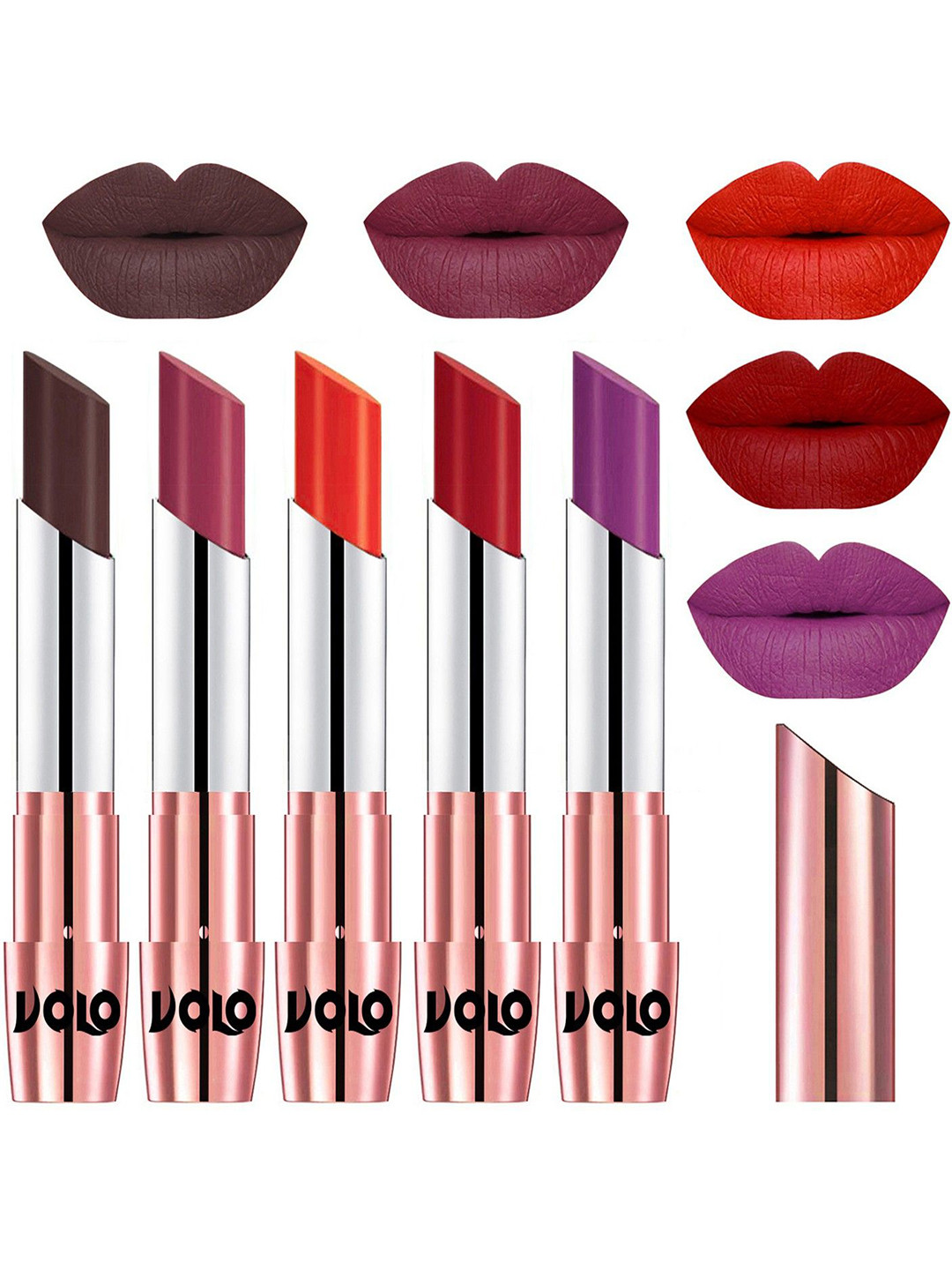 VOLO Set Of 5 Creme Matte Lipstick-Chocolate35-RosePink38-Coral39-TomatoRed40-Purple48