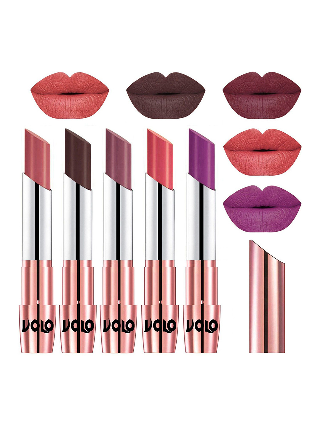 VOLO Set Of 5 Creme Matte Lipstick 3.5g Each -Light Peach-Chocolate-Plum-Dark Peach-Purple