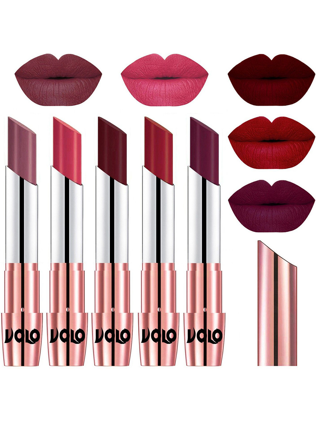VOLO Set Of 5 Creme Matte Lipstick-3.5g-Plum- Pink- Maroon- Red-Wine
