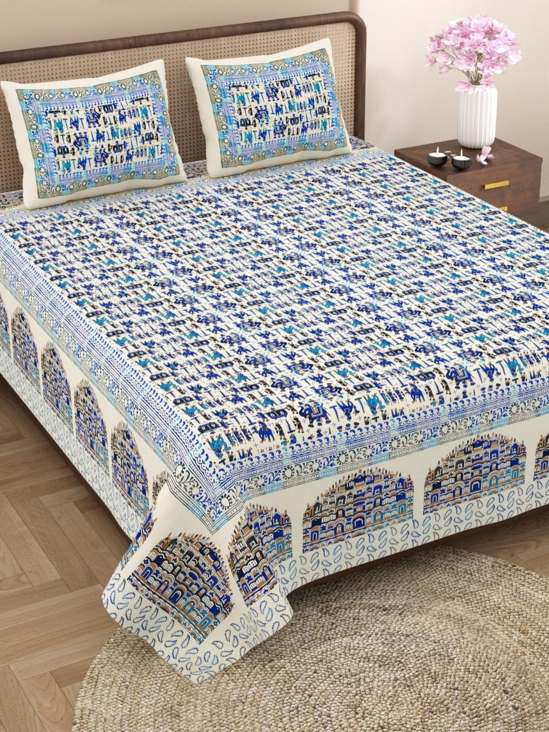 The Craft Monk Satrangi Hawa Mahal Blue Ethnic Motifs Pure Cotton 240 TC King Fine Bedsheet with 2 Pillow Covers-108 x 90 inches