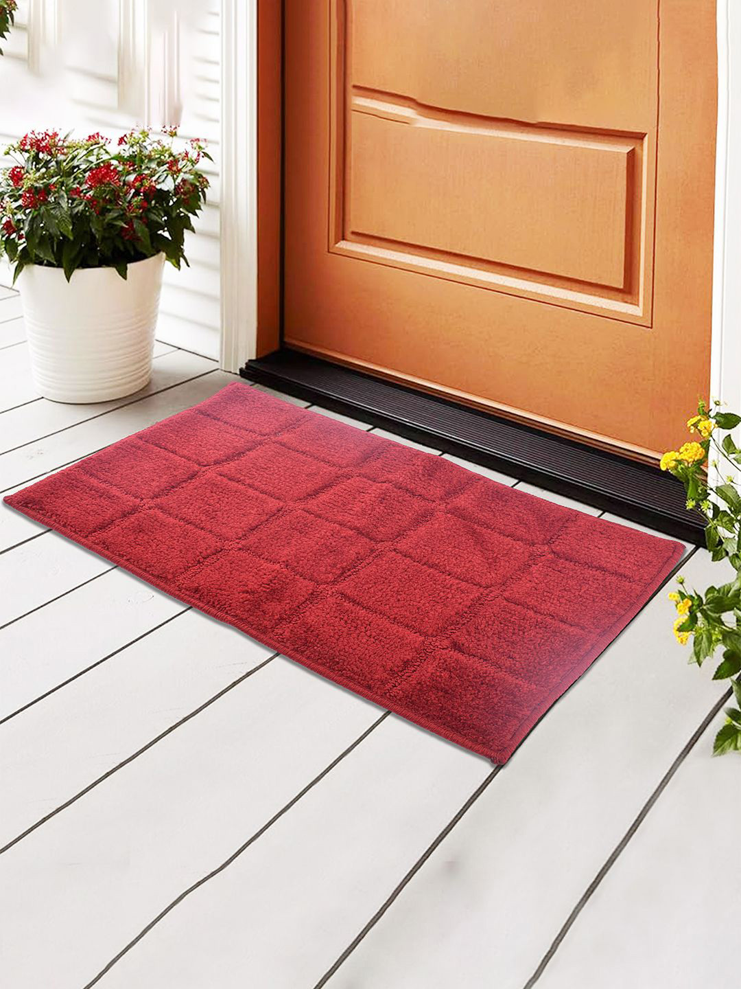 Kuber Industries Maroon Checked Water Absorbing Anti-Skid Bathroom Mat