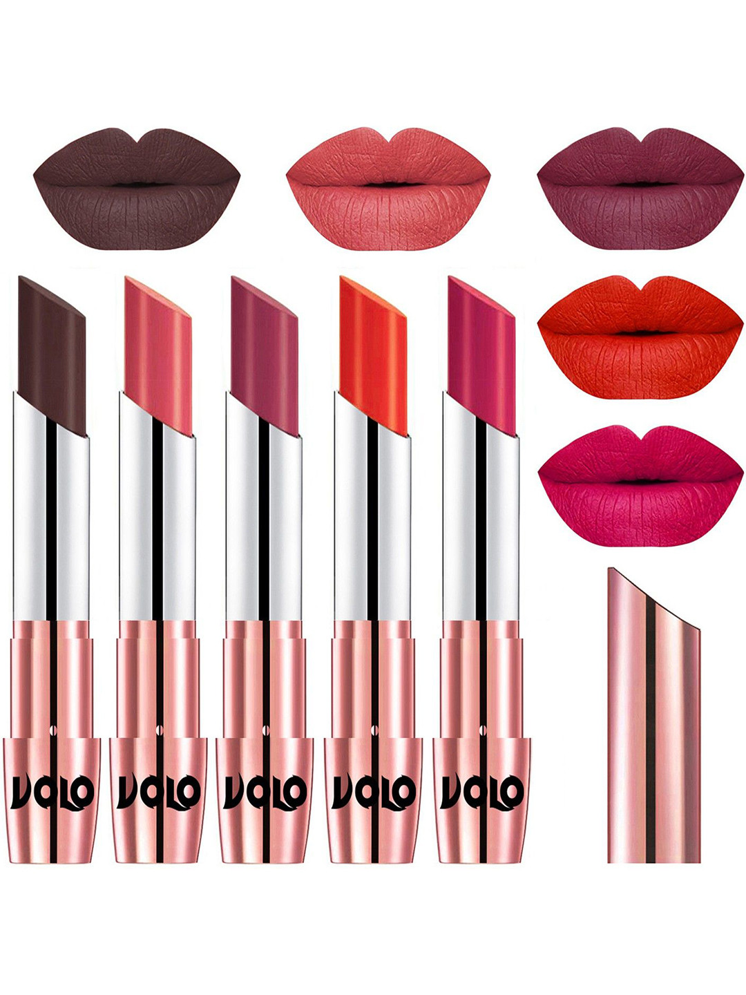 VOLO Set Of 5 Creme Matte Lipstick-Chocolate -Dark Peach-Rose Pink-Coral-Passion