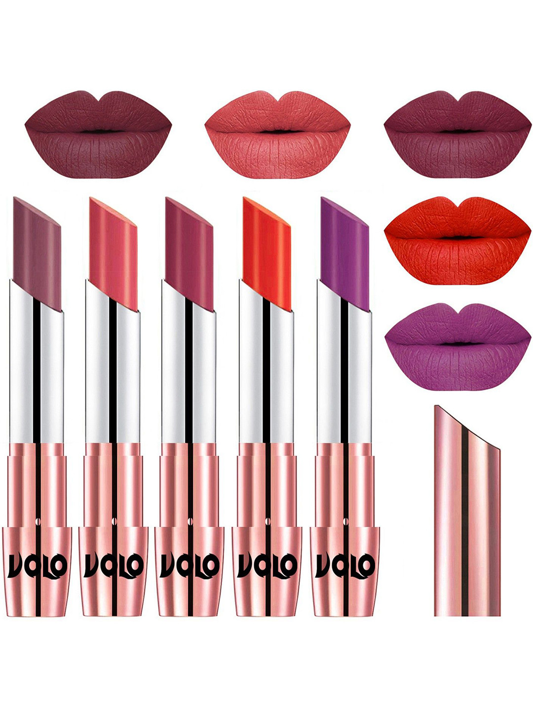 VOLO Set Of 5 Creme Matte Lipstick-3.5g Each -Plum- Dark Peach- Rose Pink- Coral-Purple