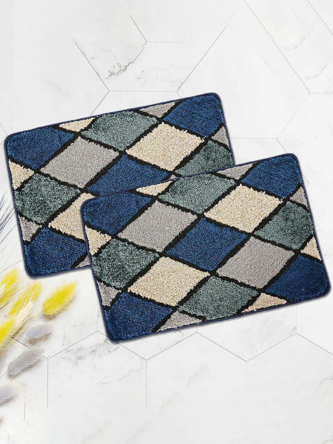 Kuber Industries Blue & Cream 2 Pieces Printed Anti Skid Door Mat