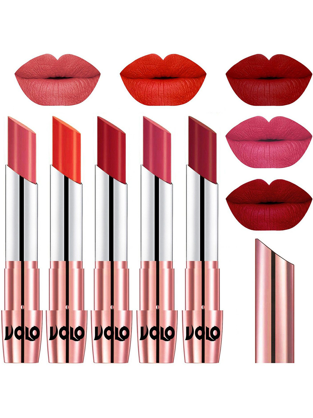 VOLO Set Of 5 Creme Matte Lipsticks - Dark Peach 37-Coral 39-Tomato Red 40-Pink 41-Red 43