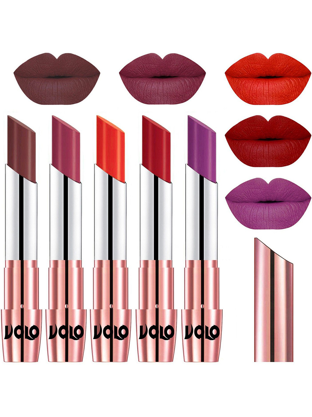 VOLO Set Of 5 Creme Matte Lipstick-Coffee34-Rose Pink38- Coral39- Tomato Red40- Purple-48