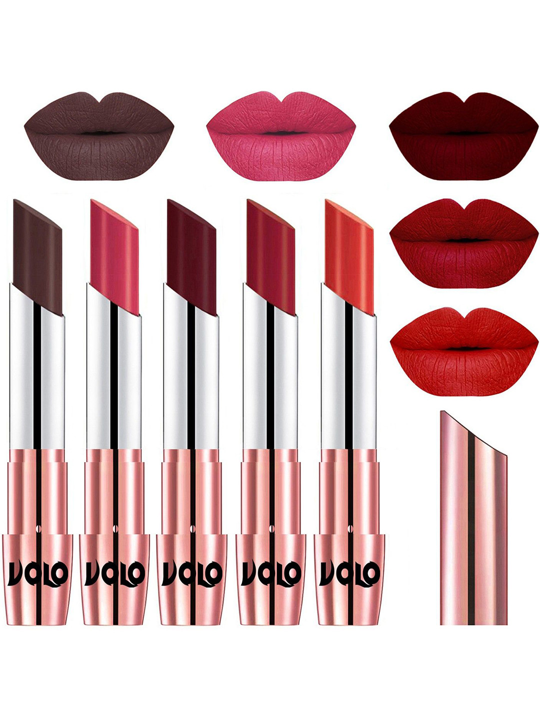 VOLO Set Of 5 Creme Matte Lipstick-Chocolate 35-Pink 41-Maroon 42-Red 43-Orange 49