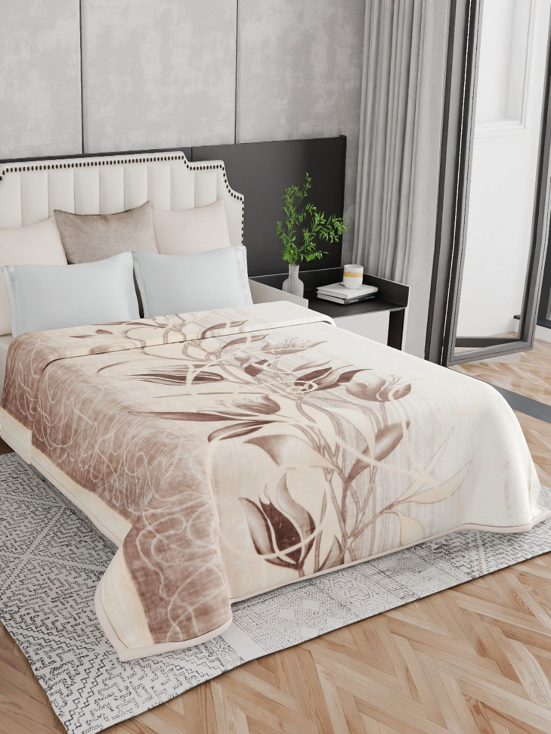 Signature kautilya Cream-Coloured & Brown Floral Mink Heavy Winter Double Bed Blanket