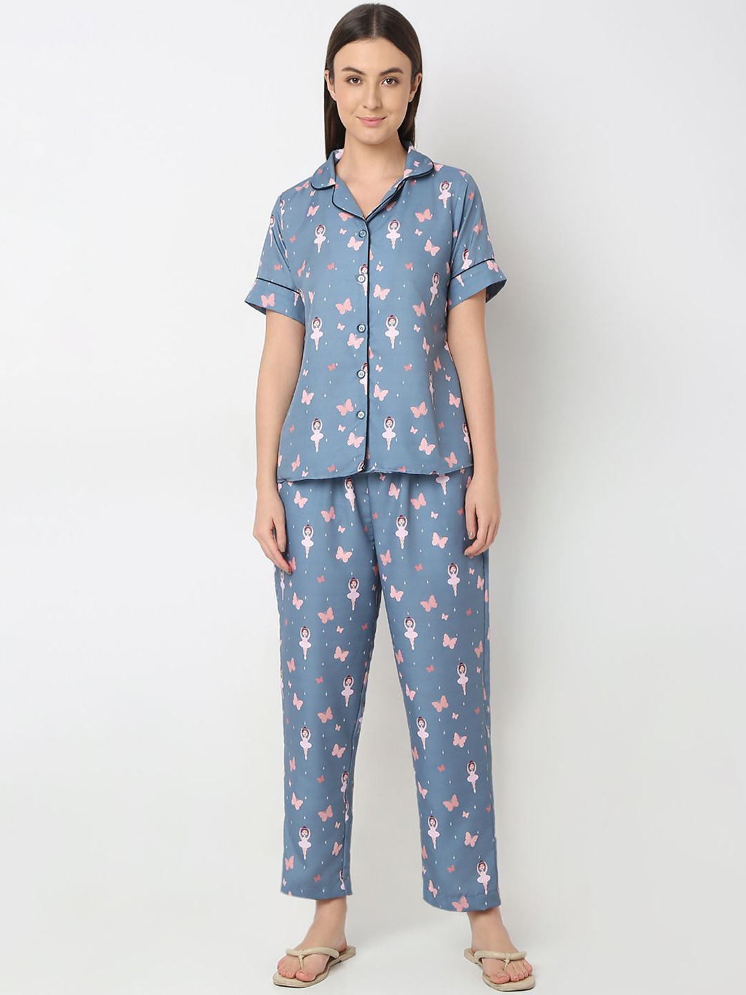 Smarty Pants Women Graphic Printed Lapel Collar Night suit